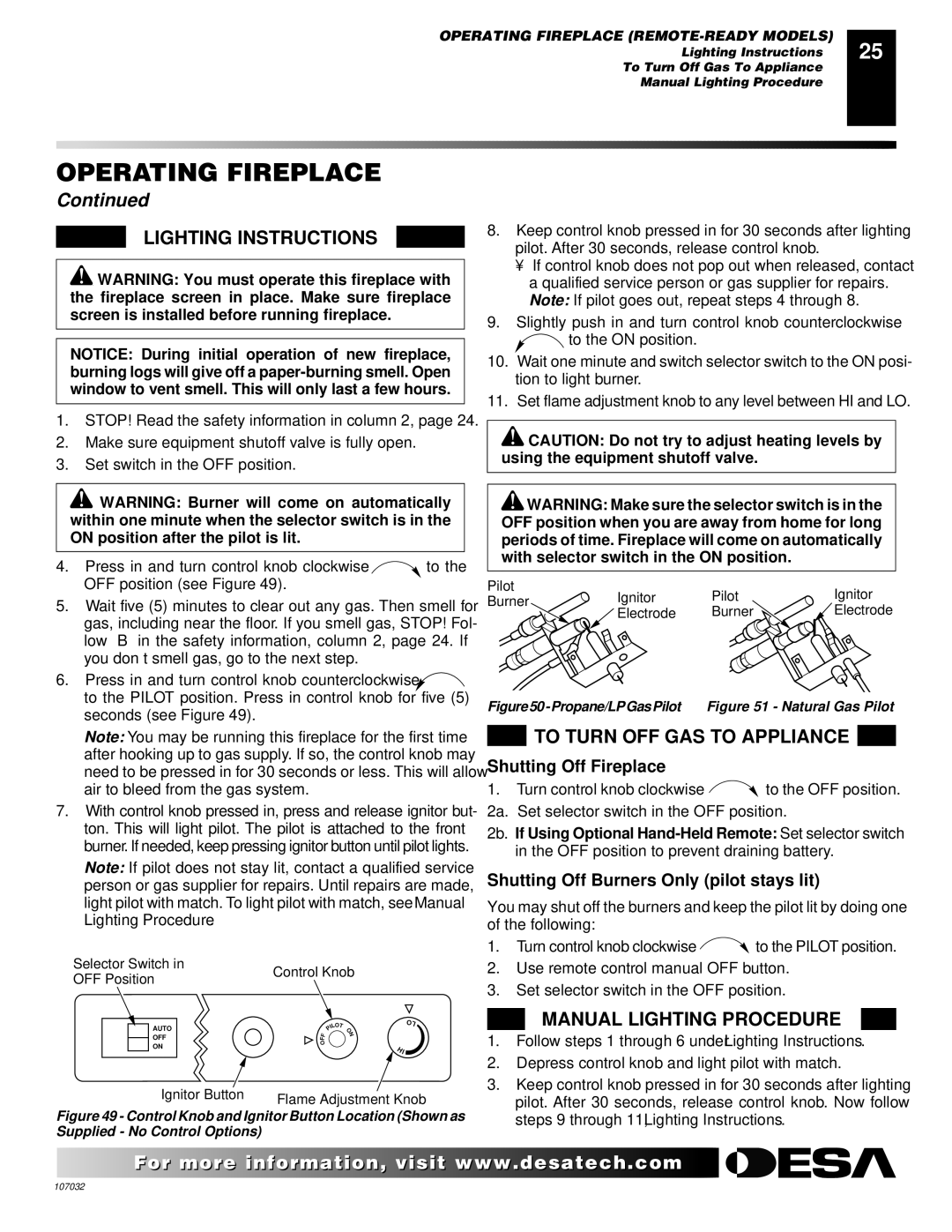 Desa VMH10TPB installation manual Propane/LPGasPilot Natural Gas Pilot 