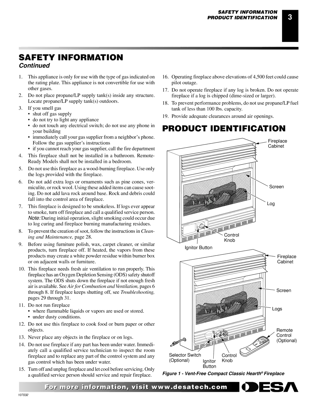 Desa VMH10TPB installation manual Product Identification, Vent-Free Compact Classic Hearth Fireplace 