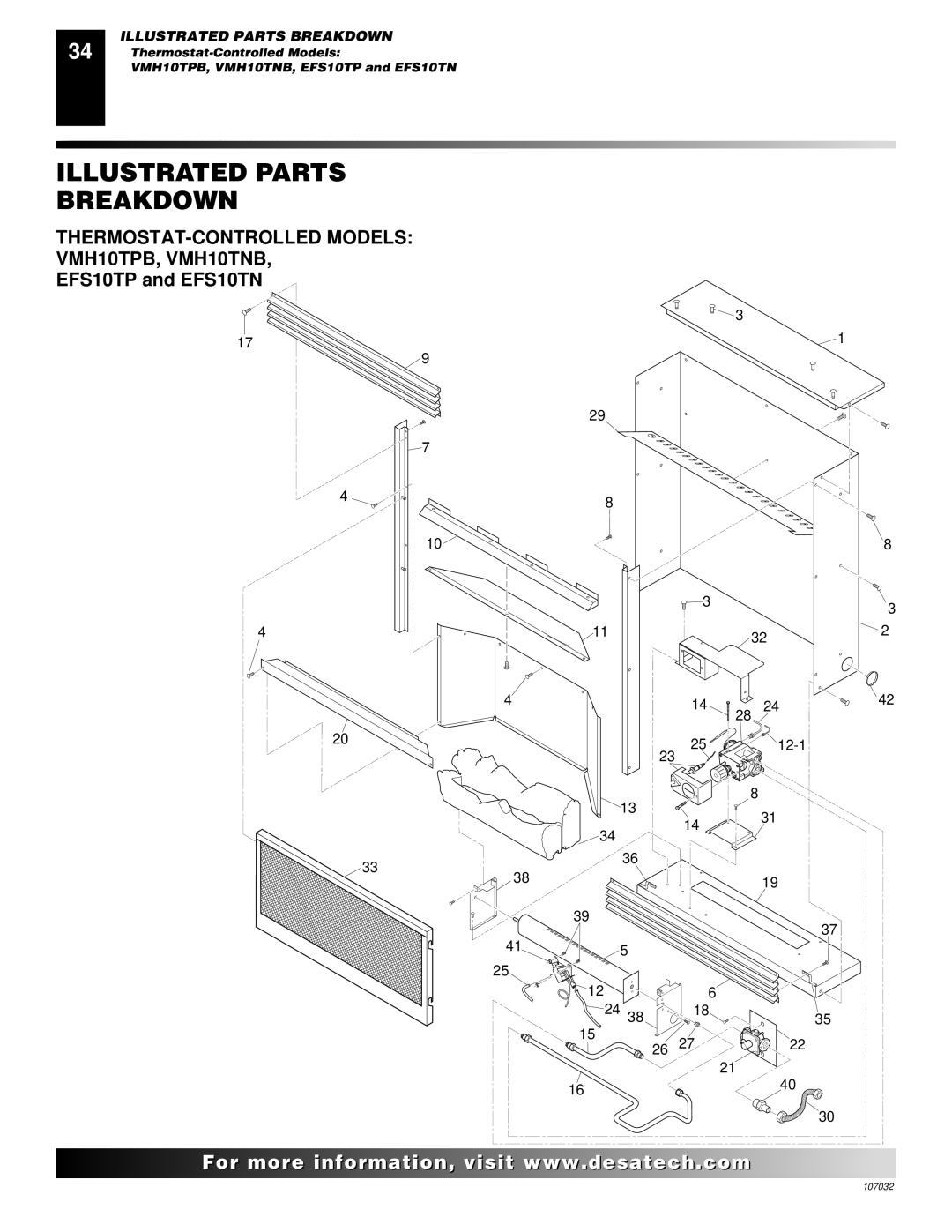 Desa installation manual Illustrated Parts Breakdown, THERMOSTAT-CONTROLLED Models VMH10TPB, VMH10TNB 