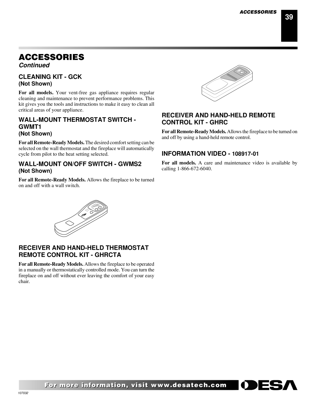 Desa VMH10TPB Cleaning KIT GCK, WALL-MOUNT Thermostat Switch GWMT1, WALL-MOUNT ON/OFF Switch GWMS2, Information Video 