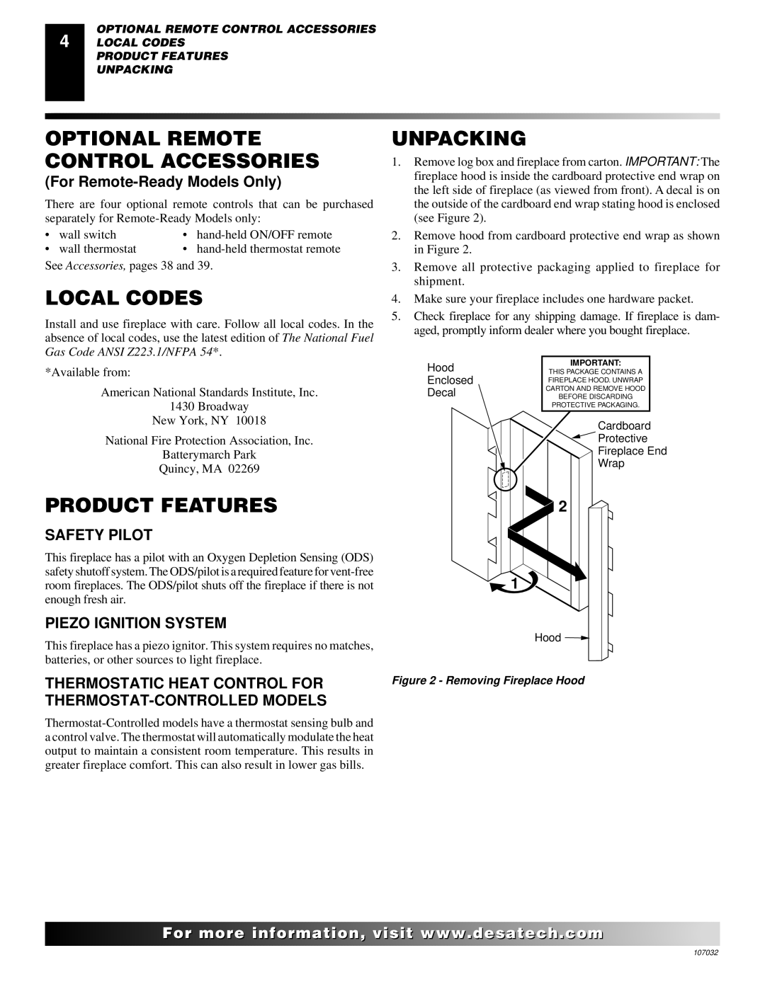 Desa VMH10TPB installation manual Optional Remote Control Accessories, Local Codes, Product Features, Unpacking 