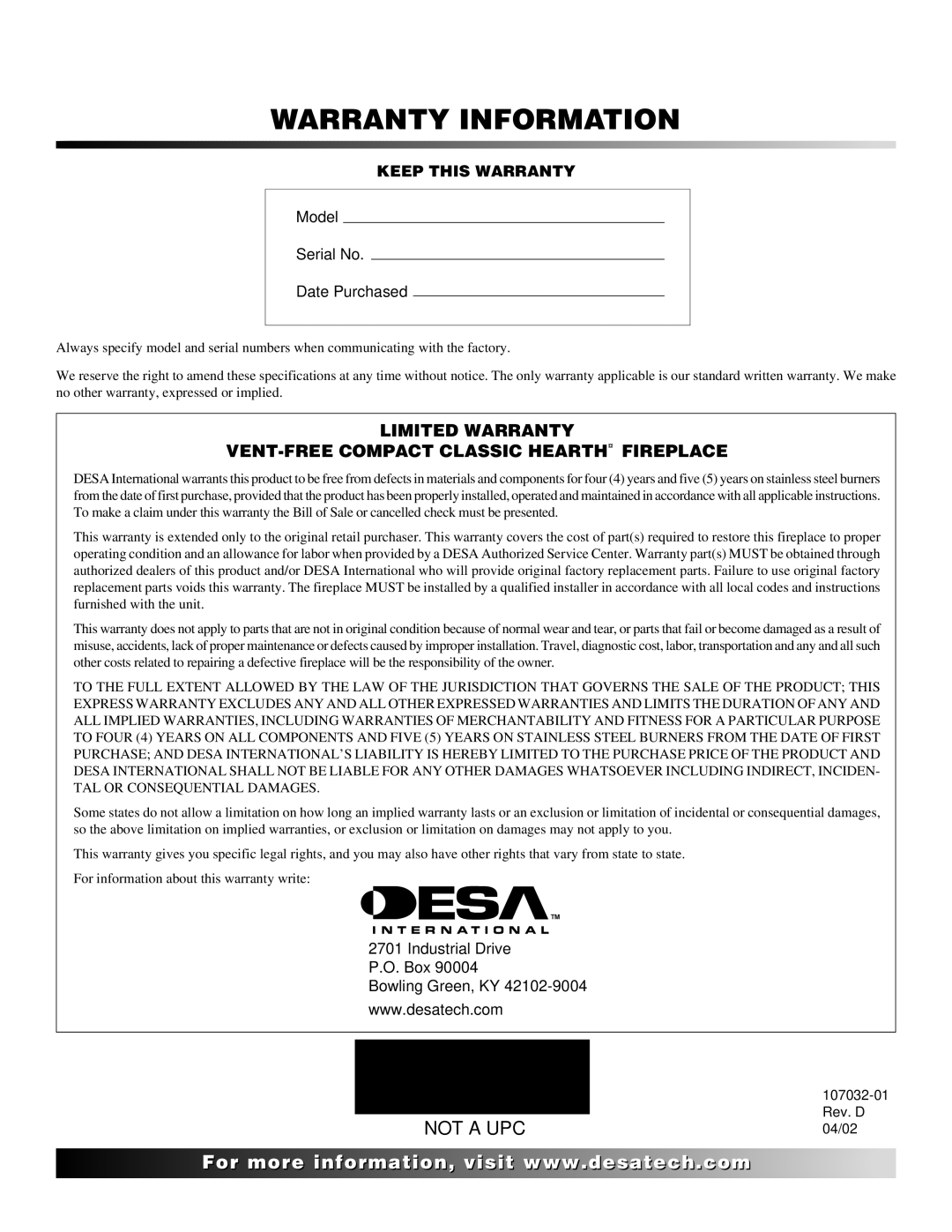 Desa VMH10TPB installation manual Warranty Information, Limited Warranty VENT-FREE Compact Classic Hearth Fireplace 