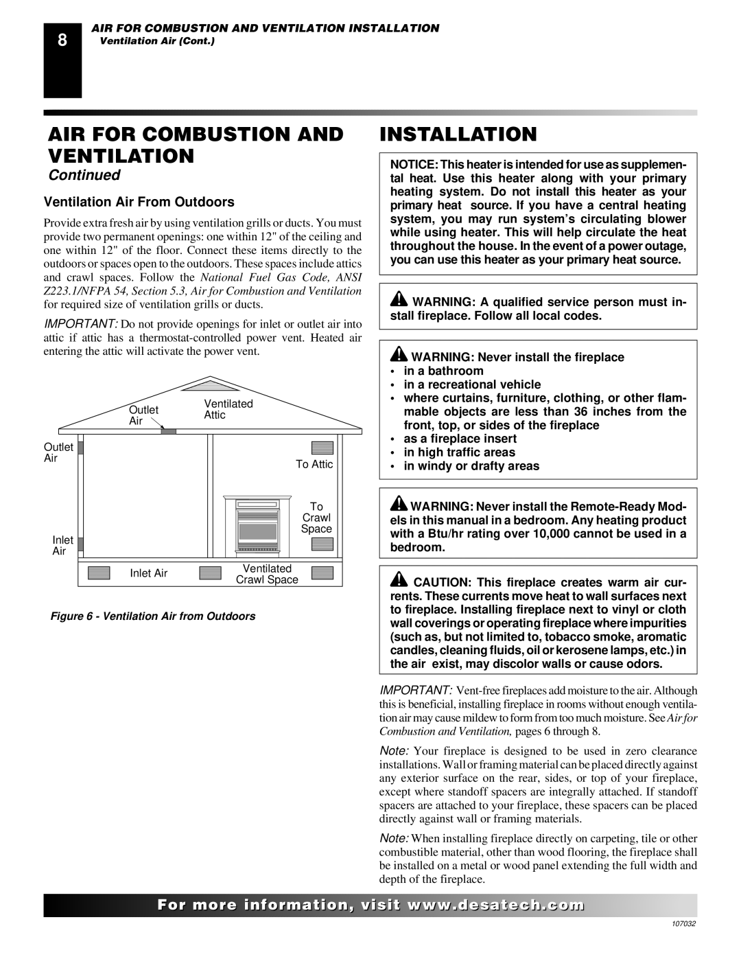 Desa VMH10TPB installation manual Installation, Ventilation Air From Outdoors 