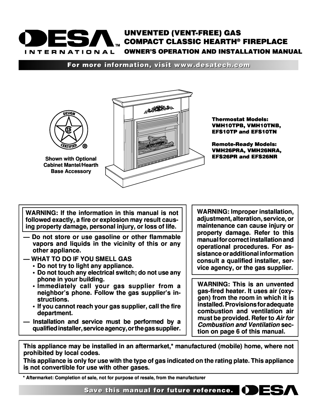 Desa VMH10TPB installation manual Owner’S Operation And Installation Manual, What To Do If You Smell Gas 