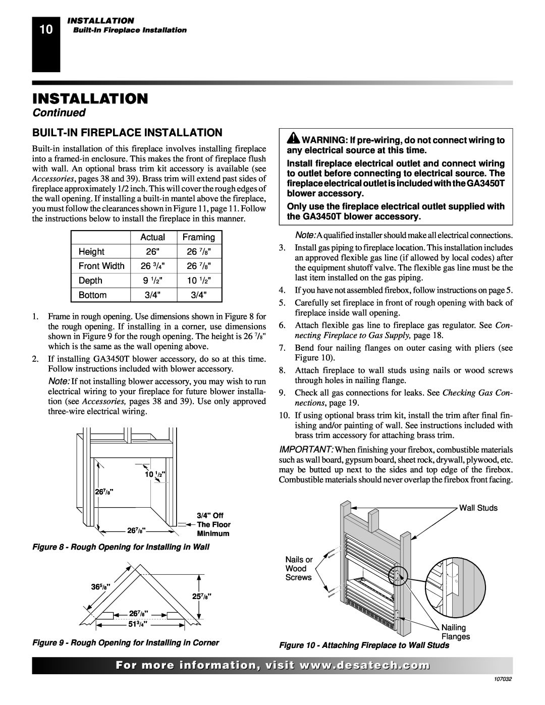 Desa VMH10TPB installation manual Built-Infireplace Installation, Continued 