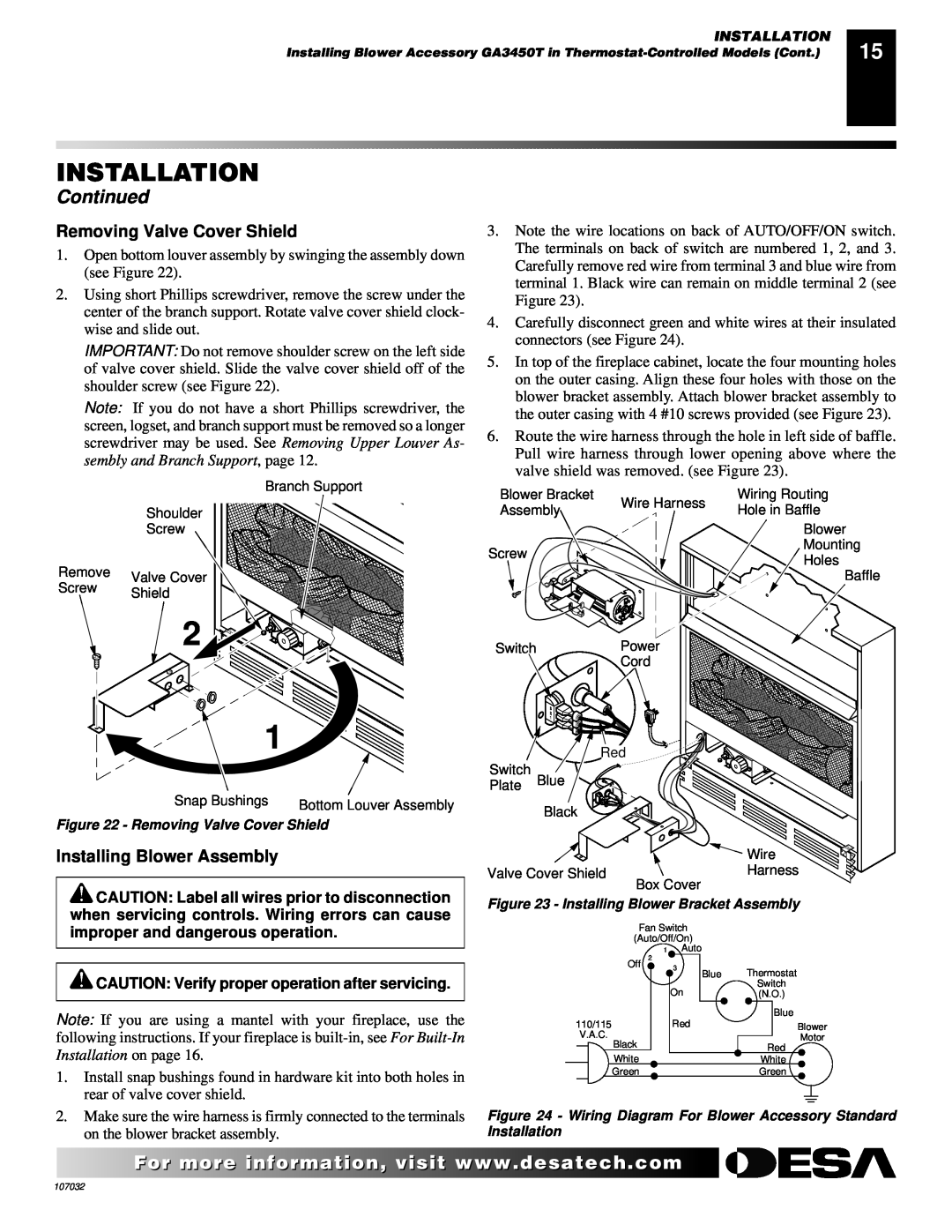 Desa VMH10TPB installation manual Removing Valve Cover Shield, Installing Blower Assembly, Installation, Continued 