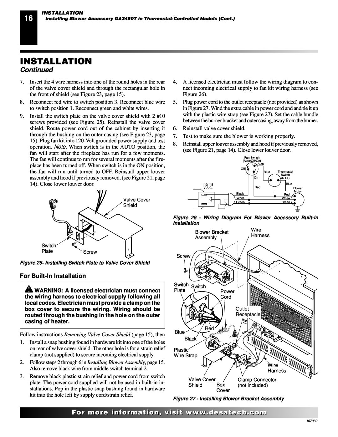 Desa VMH10TPB installation manual Continued, For Built-InInstallation, Reinstall valve cover shield 