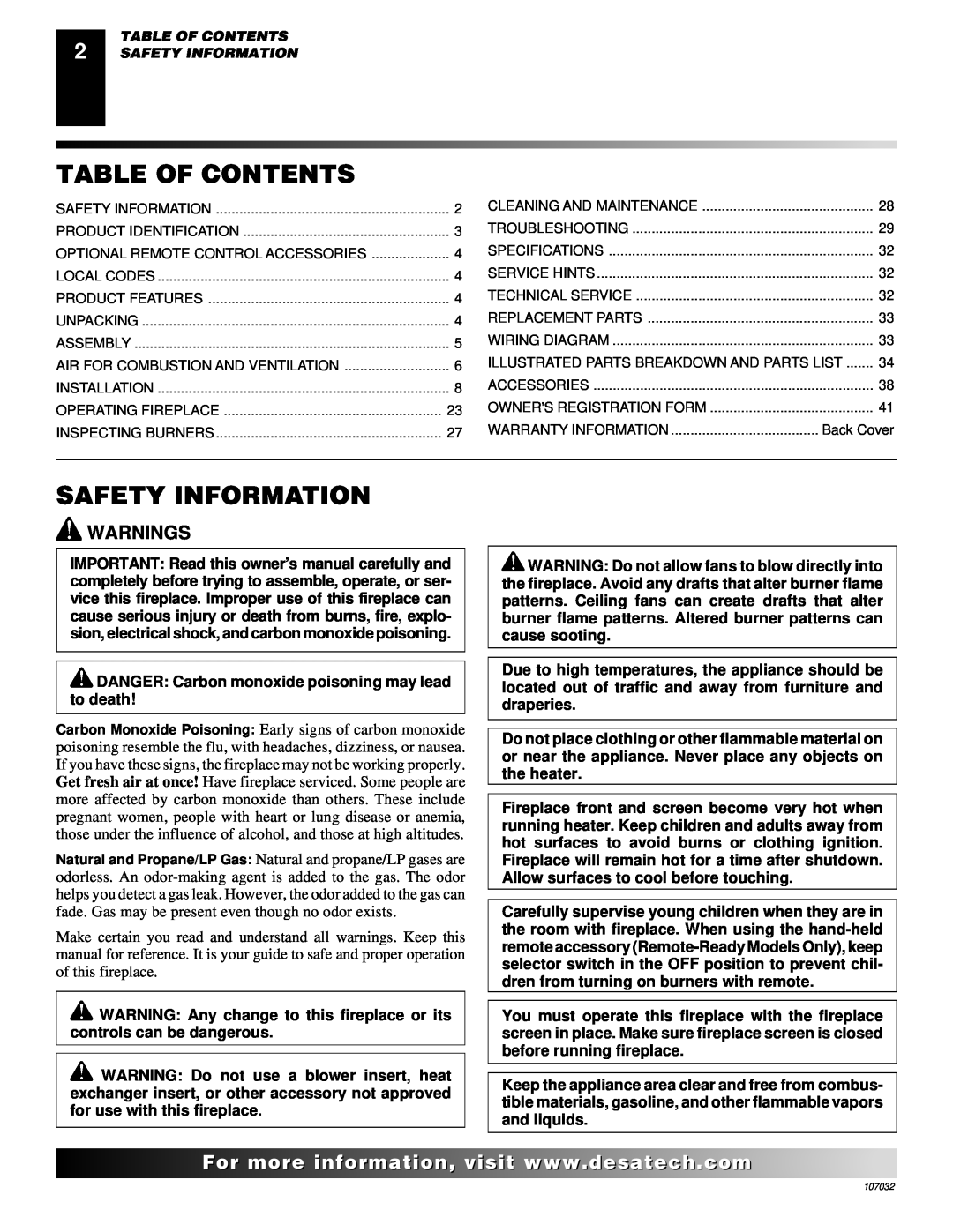 Desa VMH10TPB installation manual Table Of Contents, Safety Information, Warnings 