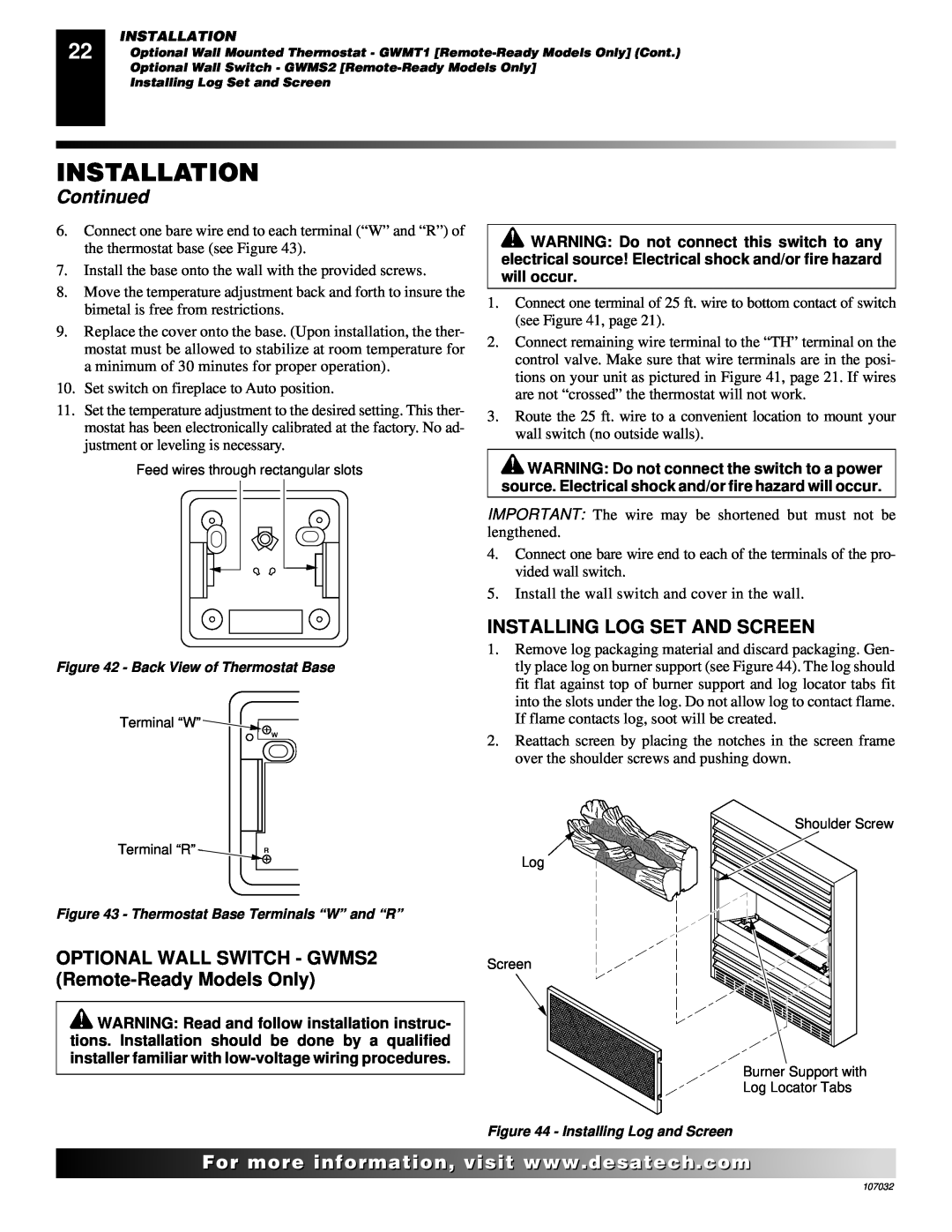 Desa VMH10TPB installation manual Installing Log Set And Screen, Installation, Continued 