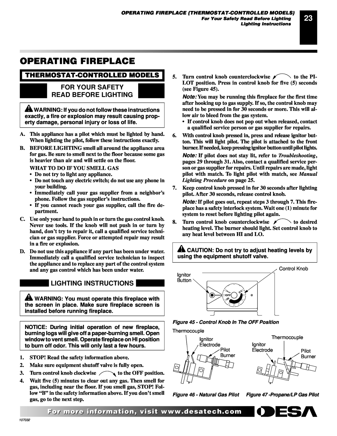 Desa VMH10TPB installation manual Operating Fireplace, Thermostat-Controlledmodels For Your Safety, Read Before Lighting 