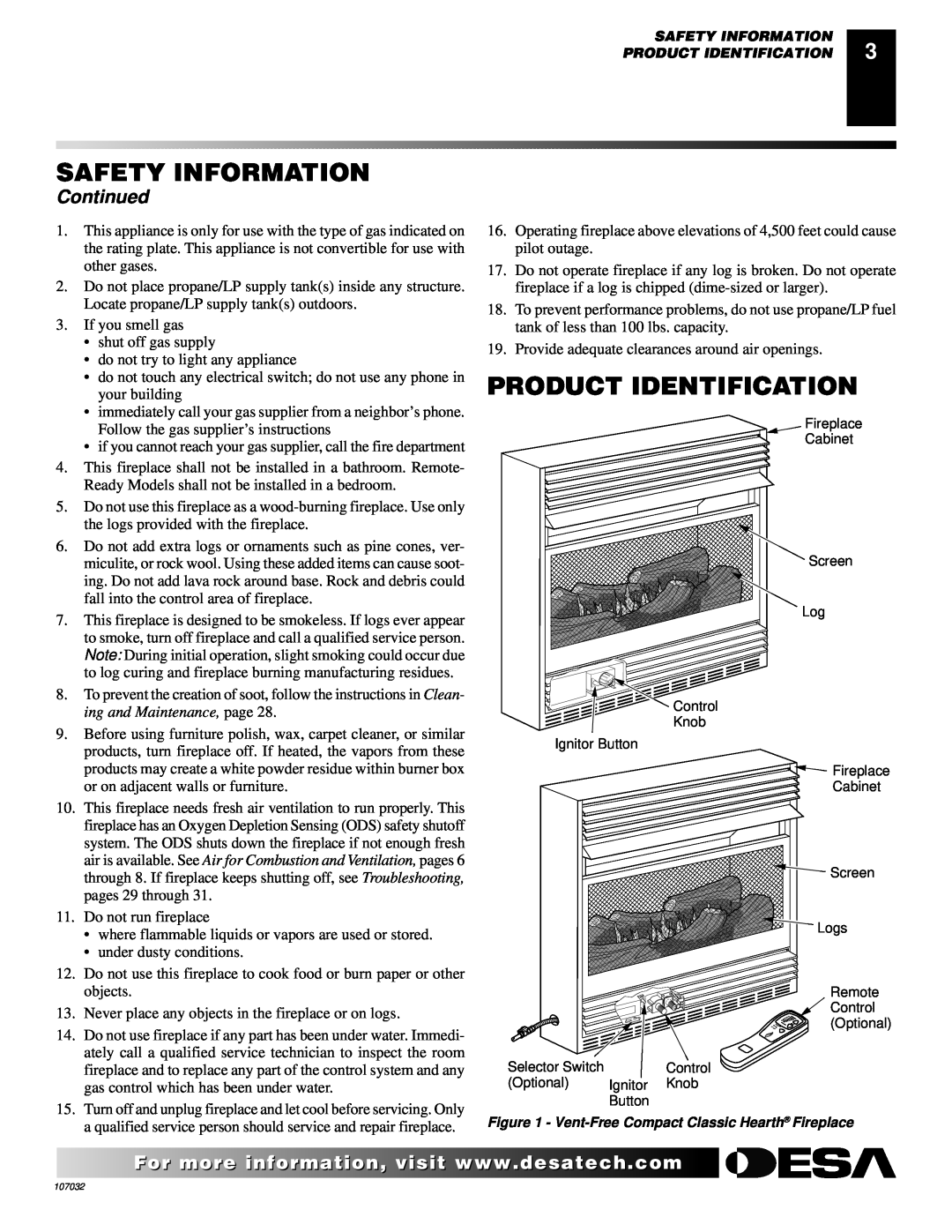 Desa VMH10TPB installation manual Product Identification, Continued, Safety Information 