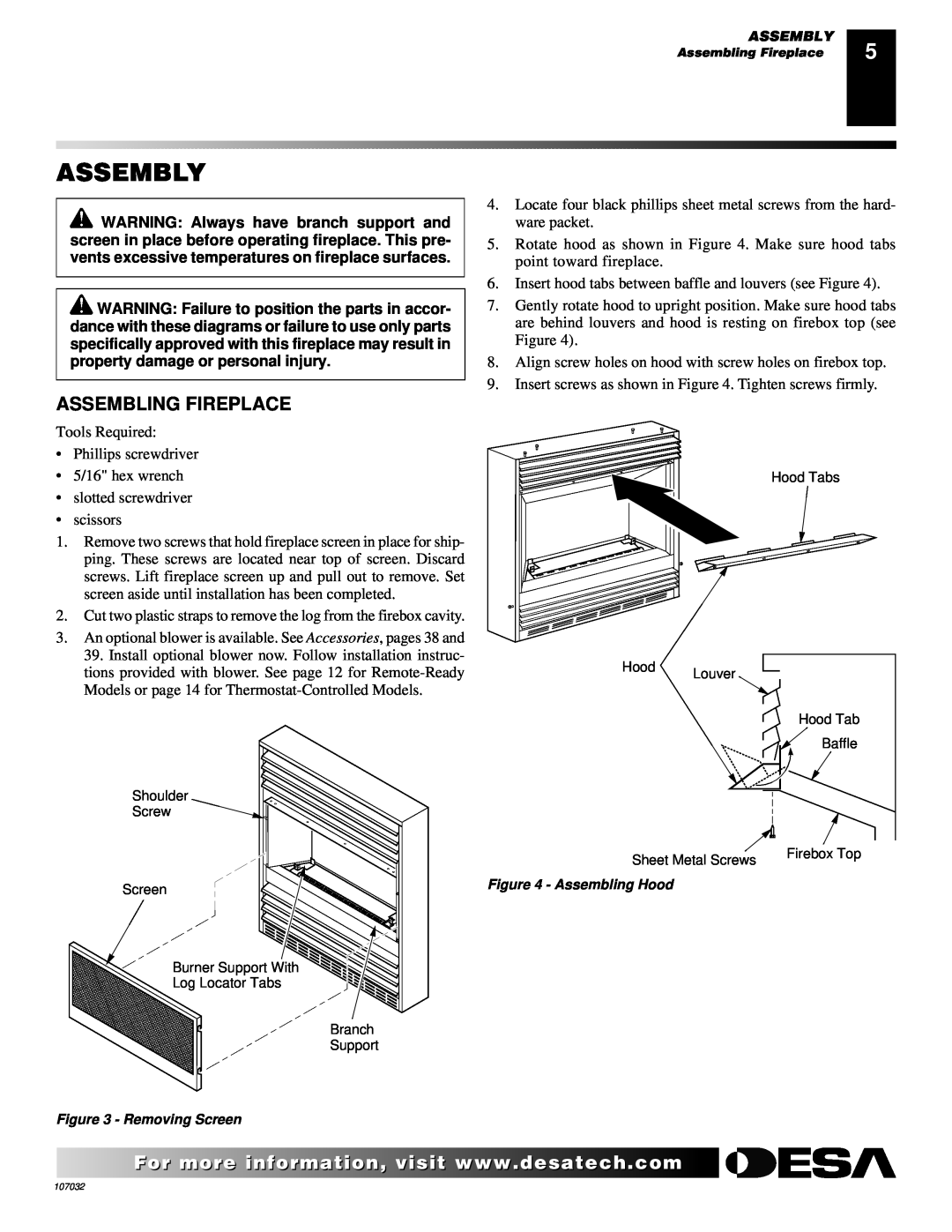Desa VMH10TPB installation manual Assembly, Assembling Fireplace 