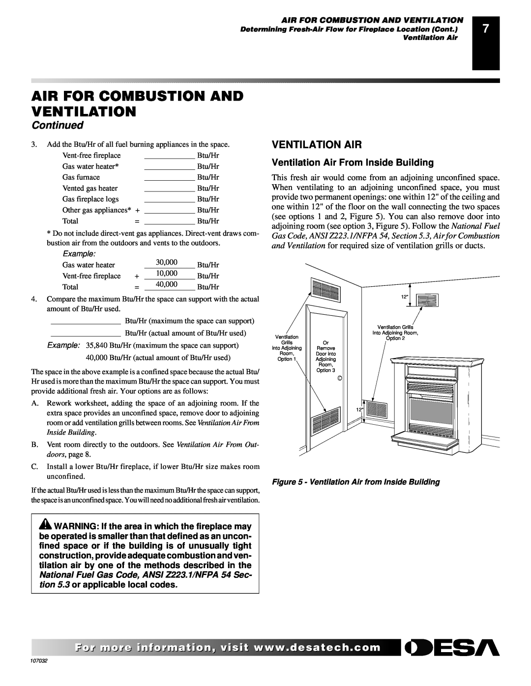 Desa VMH10TPB installation manual Ventilation Air From Inside Building, Air For Combustion And Ventilation, Continued 