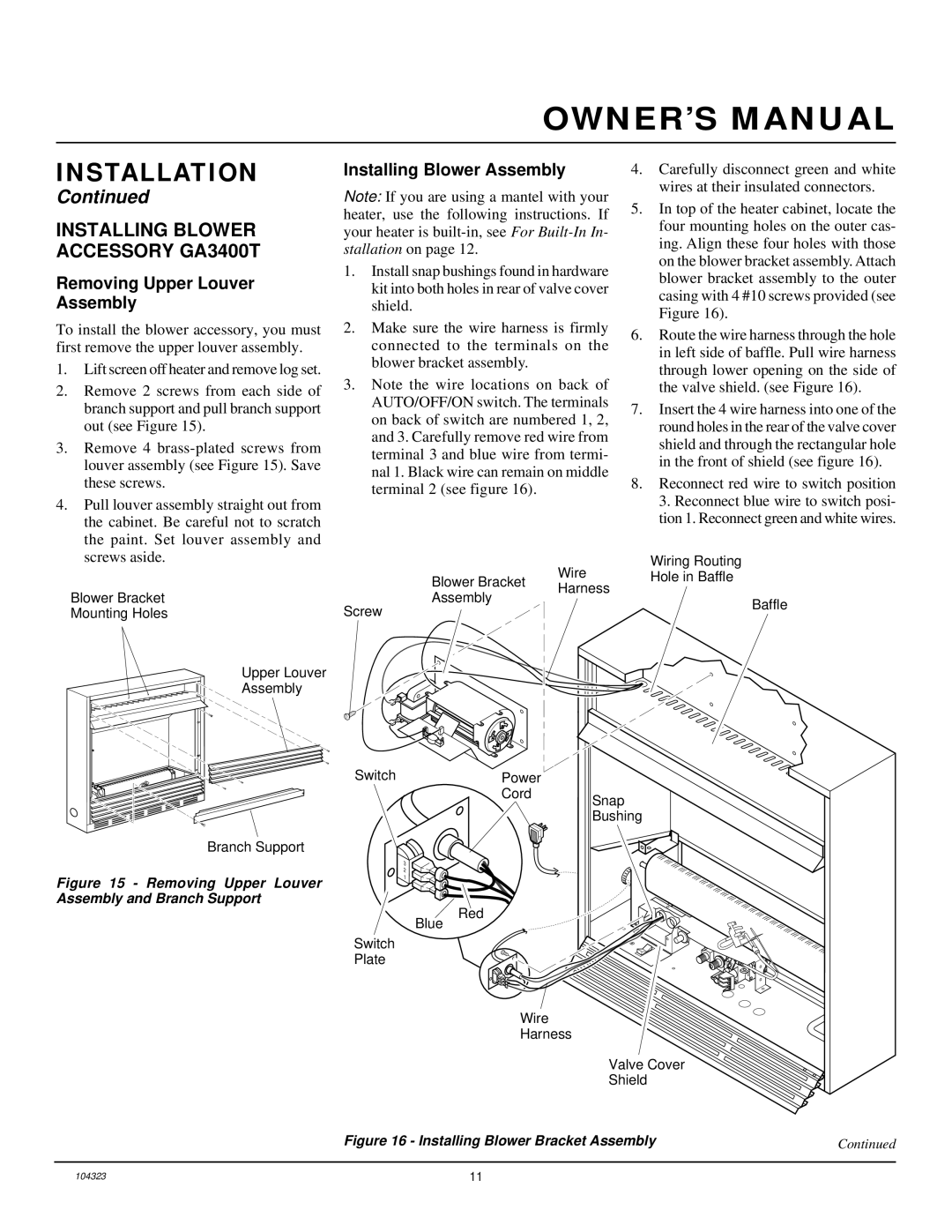 Desa VMH26PR Installing Blower Accessory GA3400T, Removing Upper Louver Assembly, Installing Blower Assembly 