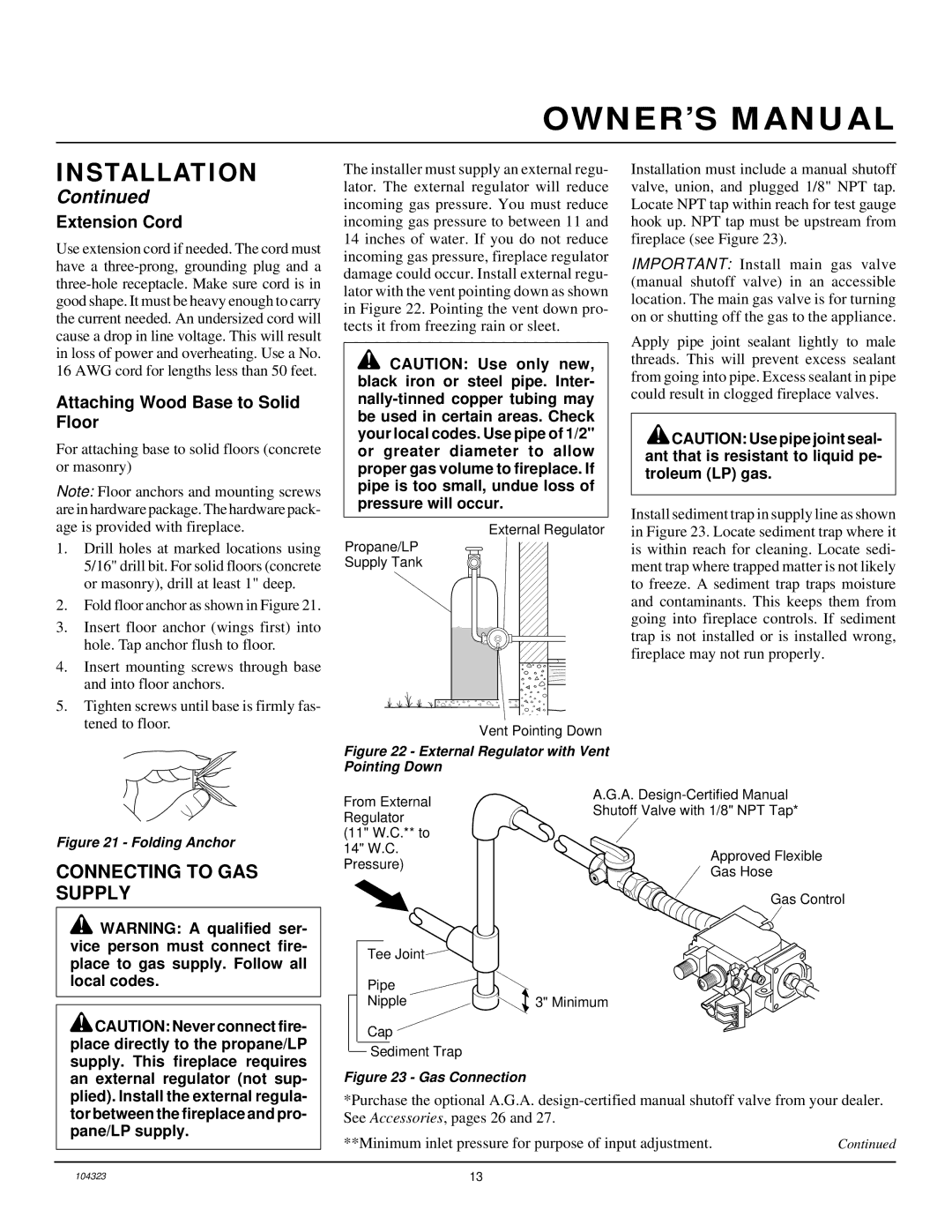 Desa VMH26PR installation manual Connecting to GAS Supply, Extension Cord, Attaching Wood Base to Solid Floor 