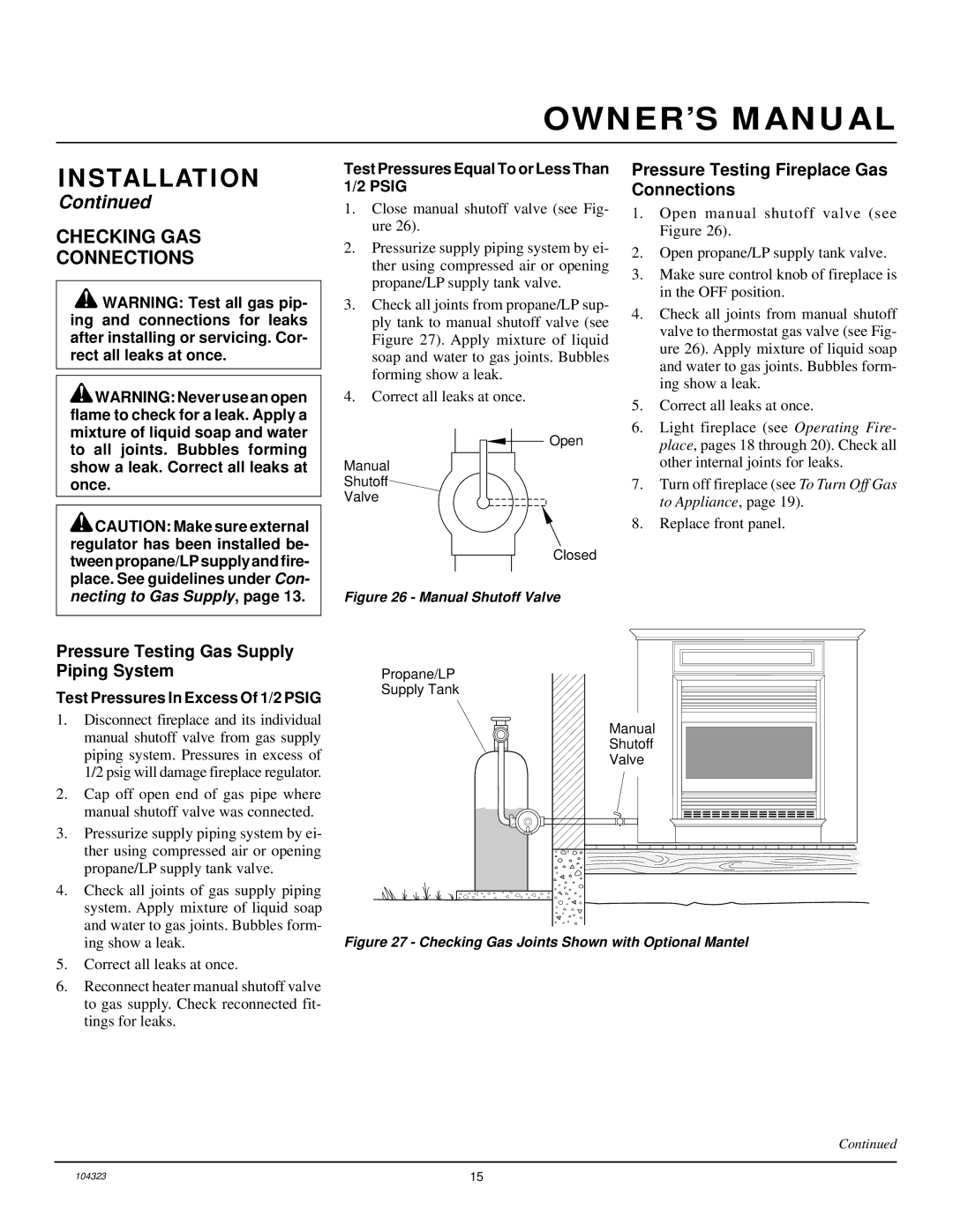 Desa VMH26PR installation manual Checking GAS Connections, Pressure Testing Fireplace Gas Connections 