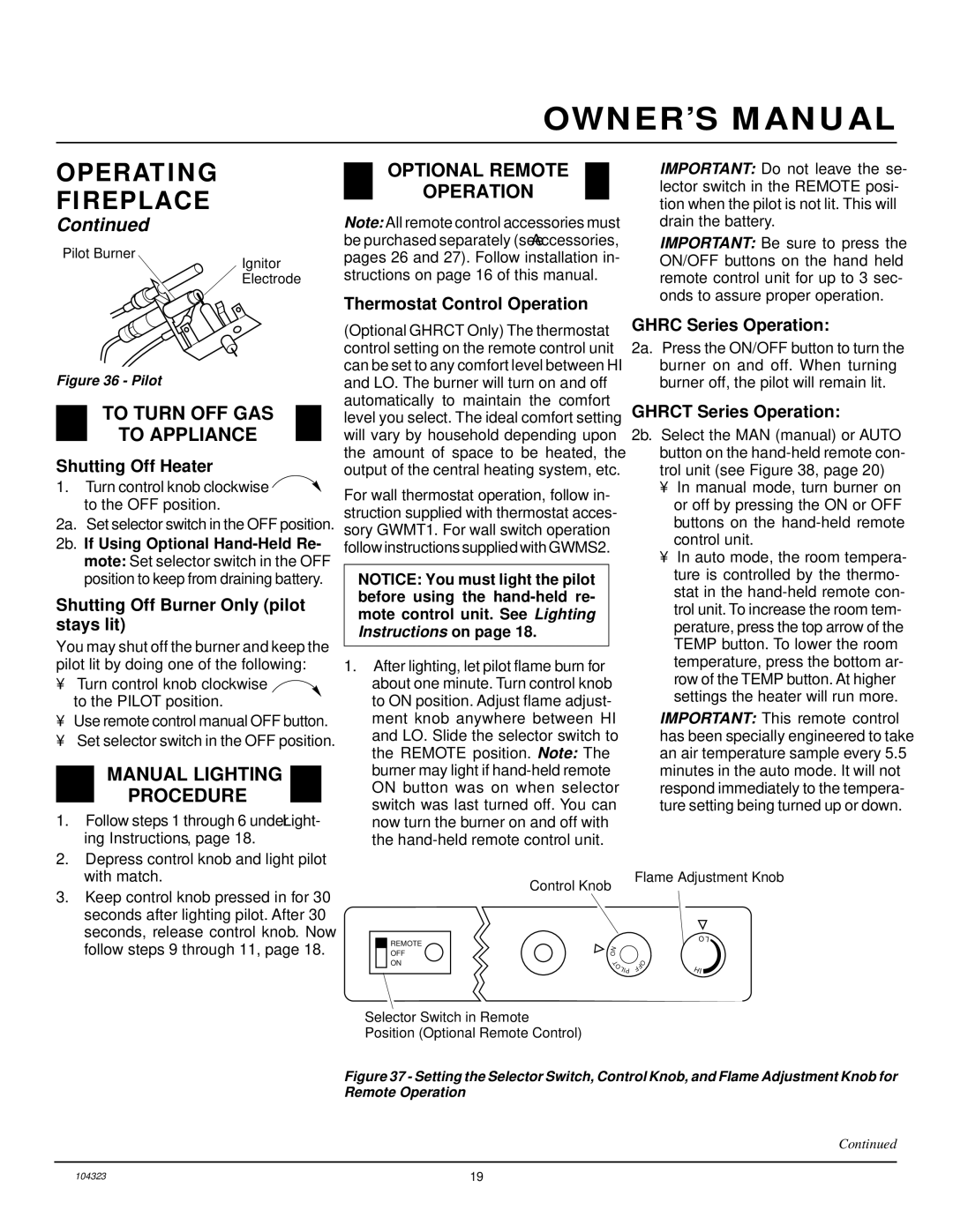 Desa VMH26PR installation manual To Turn OFF GAS To Appliance, Manual Lighting Procedure, Optional Remote Operation 