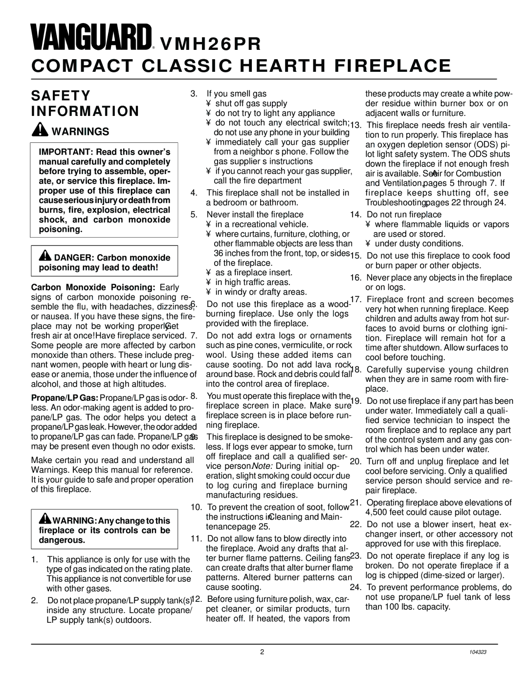 Desa VMH26PR installation manual Compact Classic Hearth Fireplace, Safety Information 