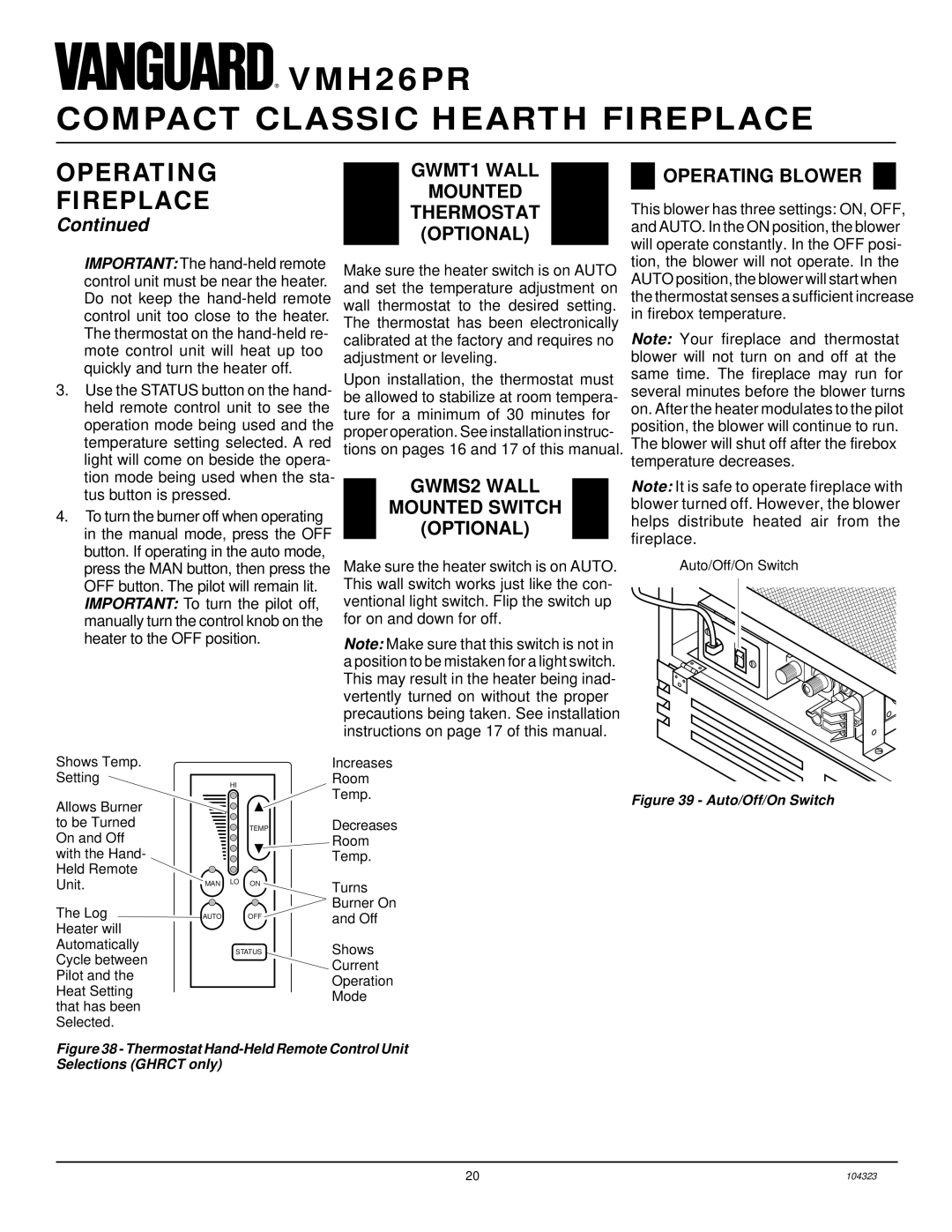 Desa VMH26PR installation manual OPERATINGGWMT1 Wall Fireplace, Operating Blower, GWMS2 Wall Mounted Switch Optional 