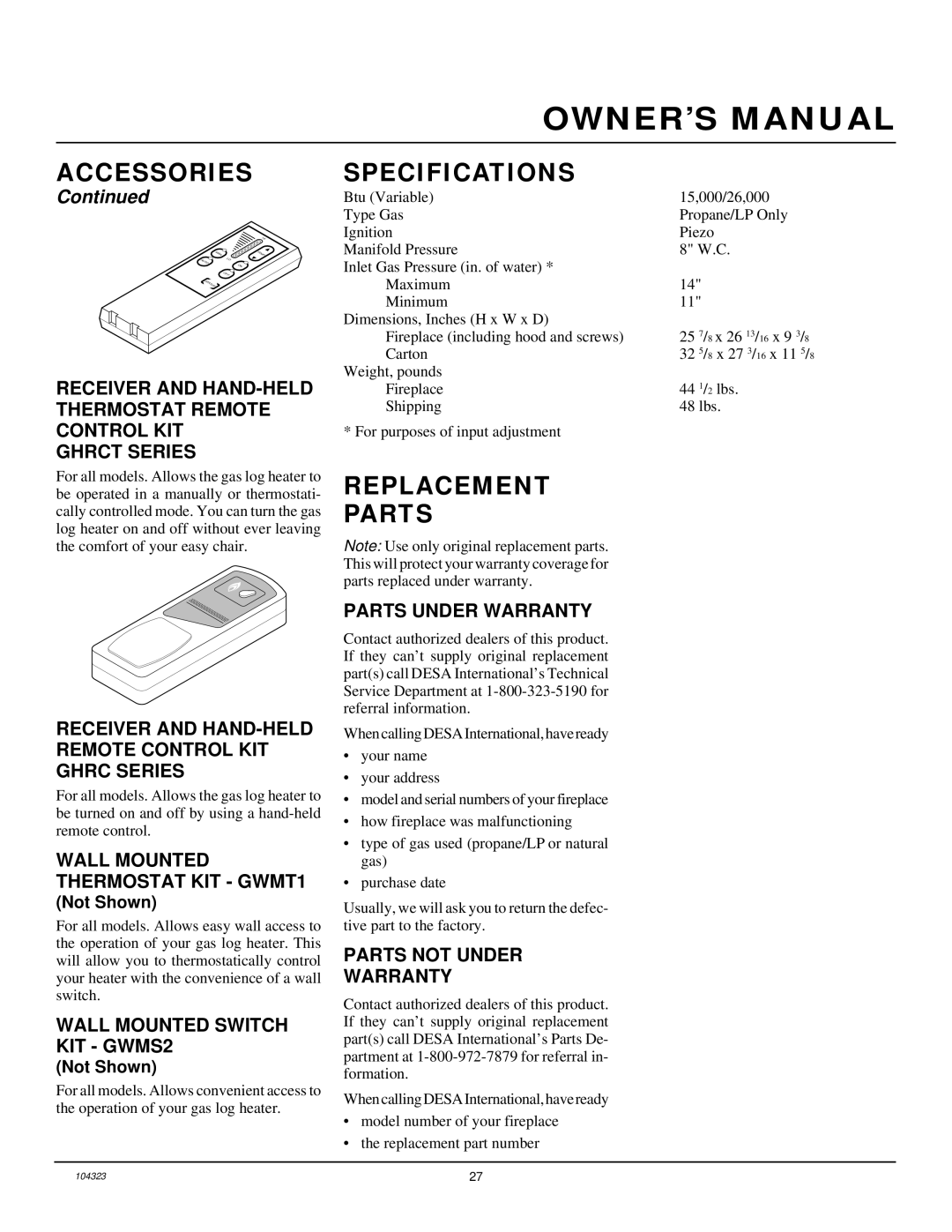 Desa VMH26PR installation manual Specifications, Replacement Parts 