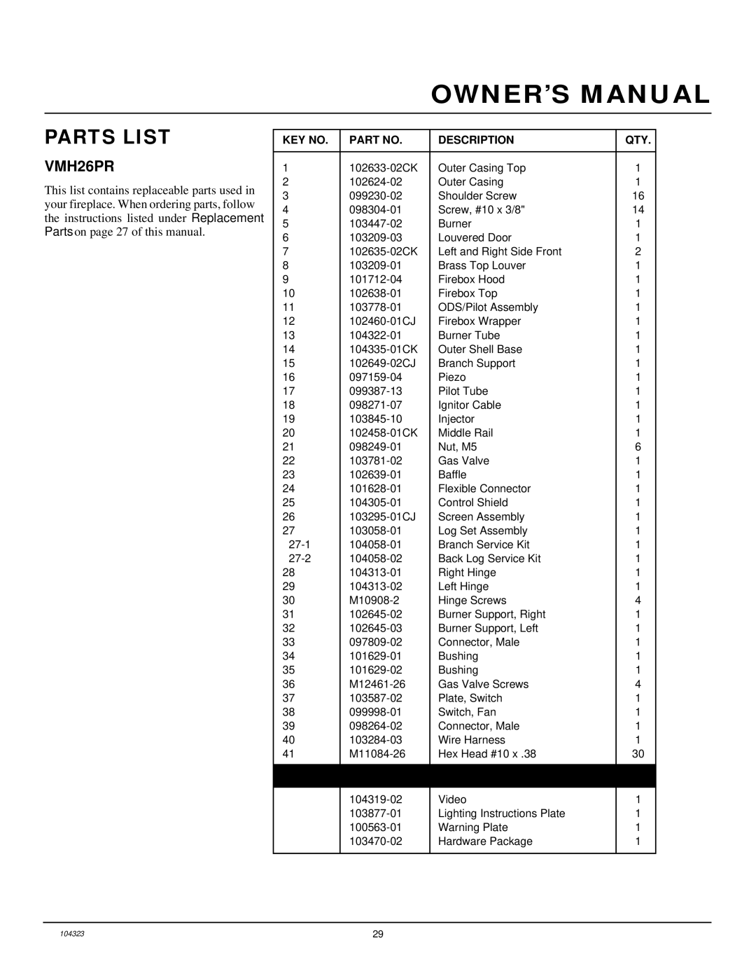 Desa VMH26PR installation manual Parts List 