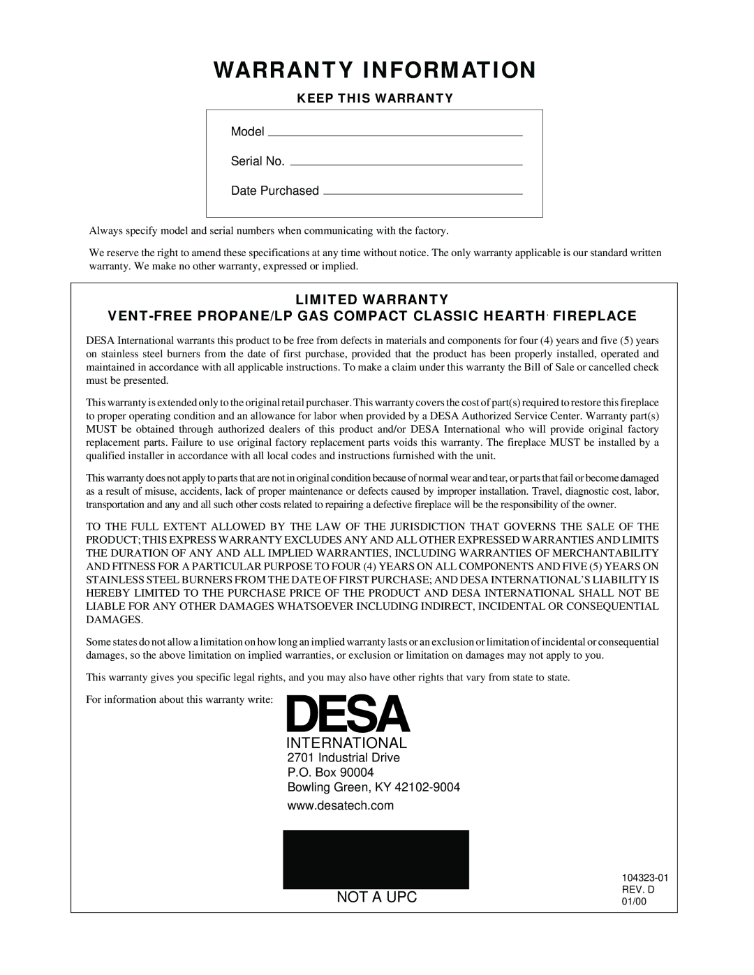 Desa VMH26PR installation manual Warranty Information, International 