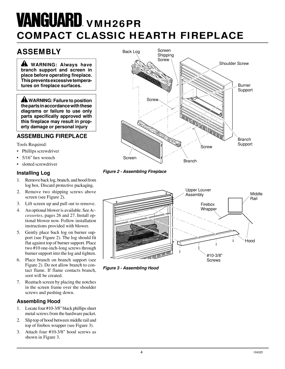 Desa VMH26PR installation manual Assembly, Assembling Fireplace, Installing Log, Assembling Hood 