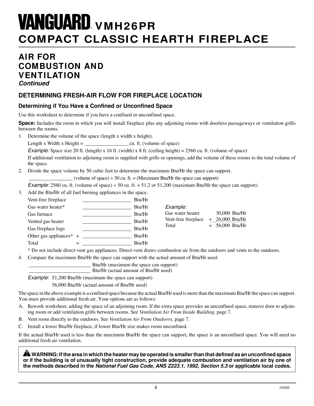 Desa VMH26PR installation manual AIR for Combustion Ventilation, Determining FRESH-AIR Flow for Fireplace Location 