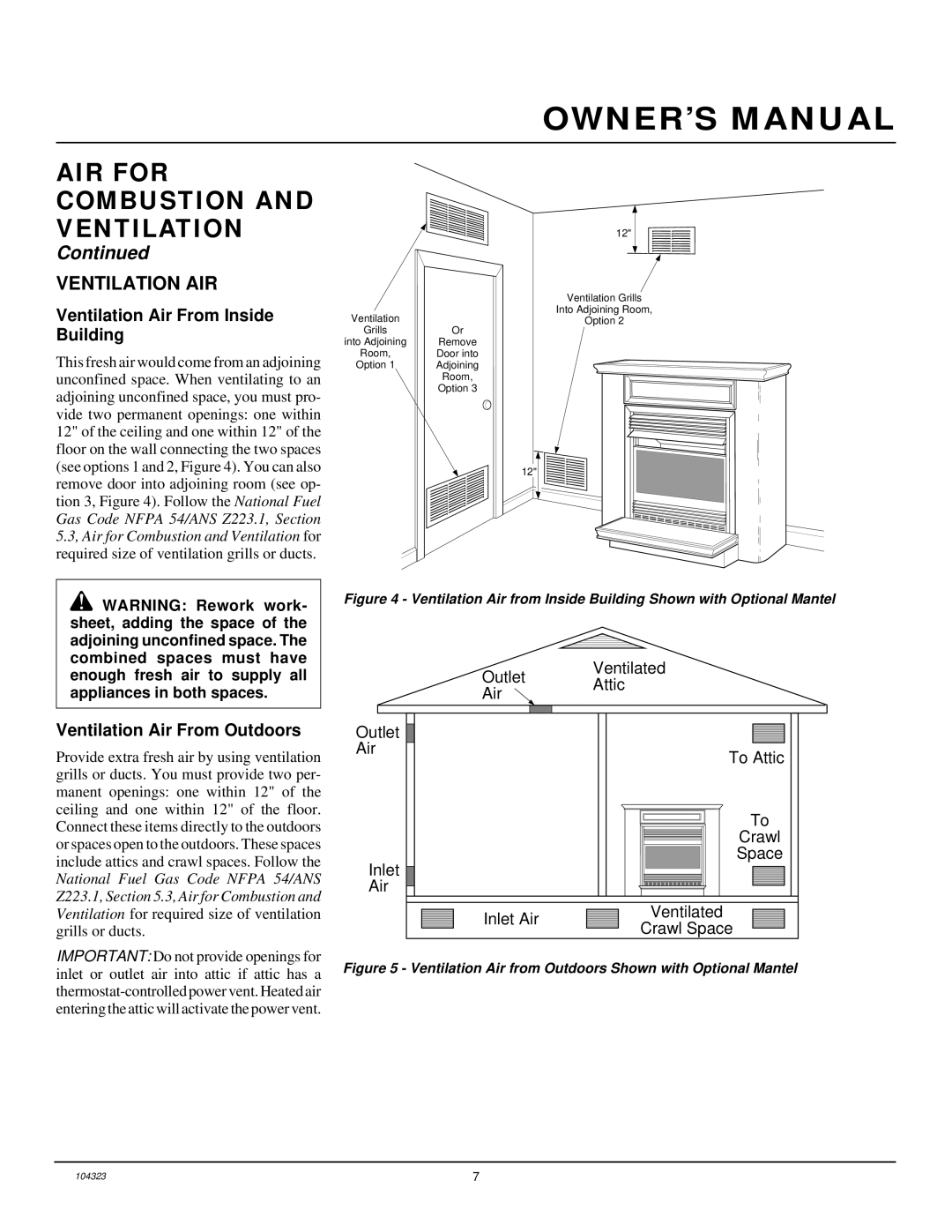 Desa VMH26PR installation manual Ventilation AIR, Ventilation Air From Inside Building, Ventilation Air From Outdoors 