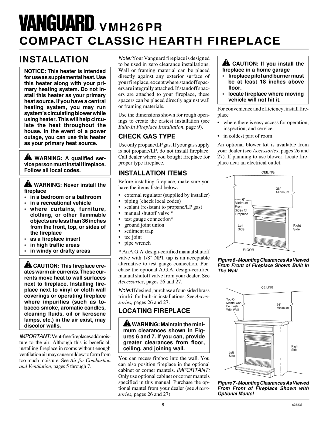 Desa VMH26PR installation manual Check GAS Type, Installation Items, Locating Fireplace 