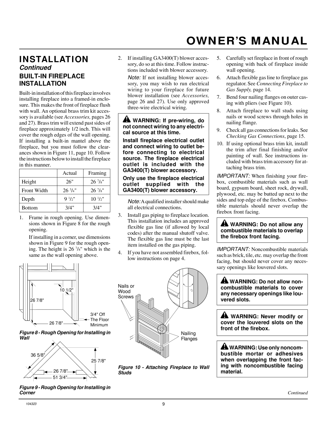 Desa VMH26PR installation manual BUILT-IN Fireplace Installation, Rough Opening for Installing in Wall 