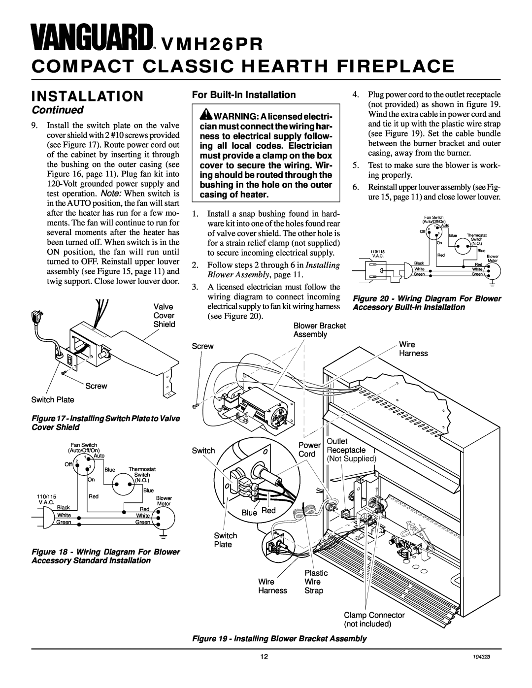 Desa For Built-InInstallation, VMH26PR COMPACT CLASSIC HEARTH FIREPLACE, Continued, Wiring Diagram For Blower 