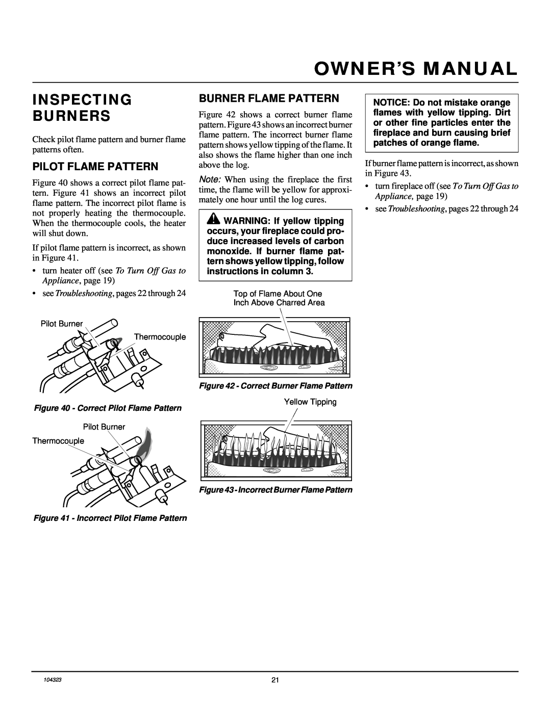 Desa VMH26PR installation manual Inspecting Burners, Pilot Flame Pattern, Burner Flame Pattern 
