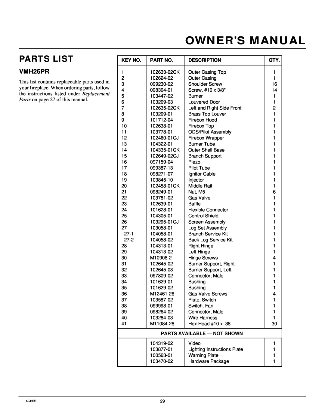 Desa VMH26PR installation manual Parts List, Description, Parts Available - Not Shown 