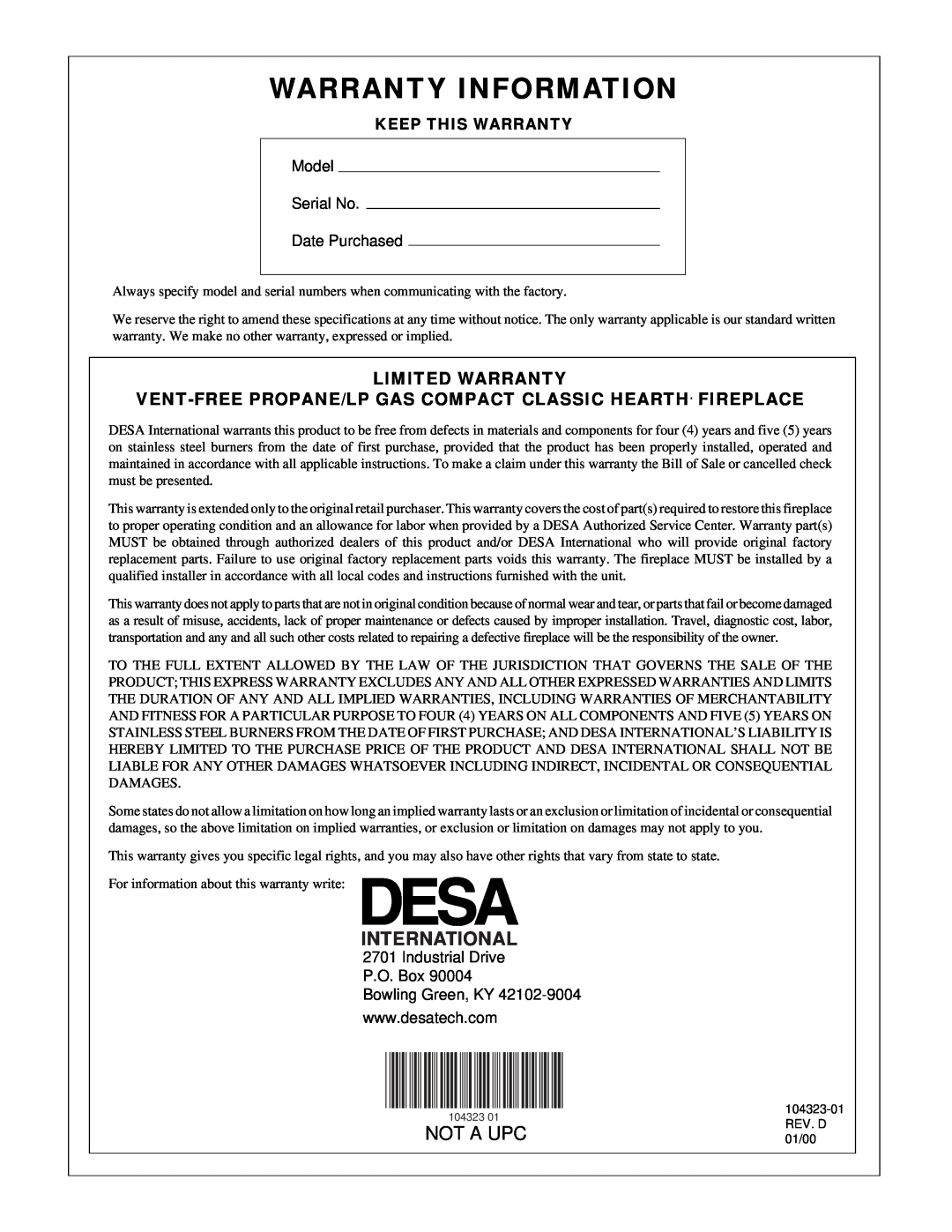 Desa VMH26PR installation manual International, Limited Warranty, Warranty Information, Not A Upc 