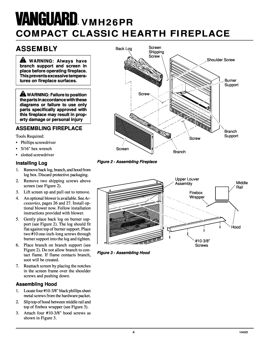 Desa Assembly, Assembling Fireplace, Installing Log, Assembling Hood, VMH26PR COMPACT CLASSIC HEARTH FIREPLACE 