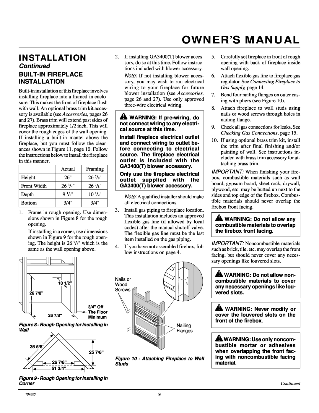 Desa VMH26PR installation manual Built-Infireplace Installation, Continued 