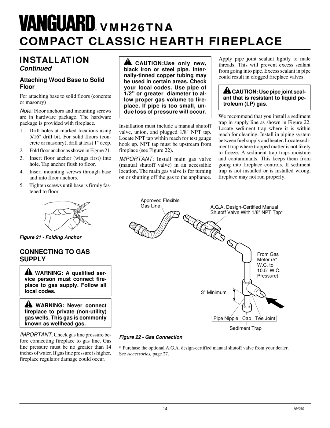 Desa VMH26TNA installation manual Connecting to GAS Supply, Attaching Wood Base to Solid Floor 