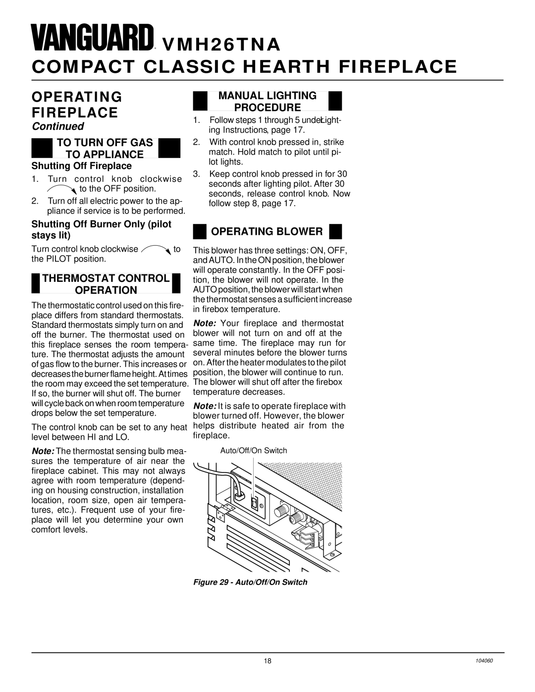 Desa VMH26TNA To Turn OFF GAS To Appliance, Manual Lighting Procedure, Thermostat Control Operation, Operating Blower 