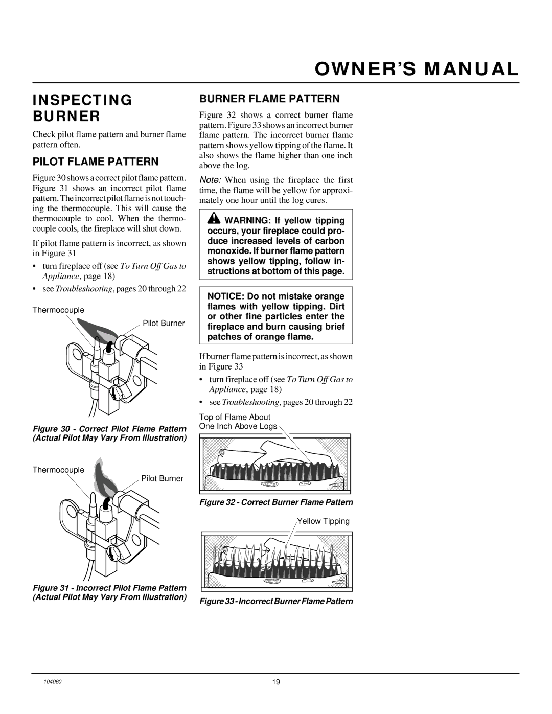 Desa VMH26TNA installation manual Inspecting Burner, Pilot Flame Pattern, Burner Flame Pattern 