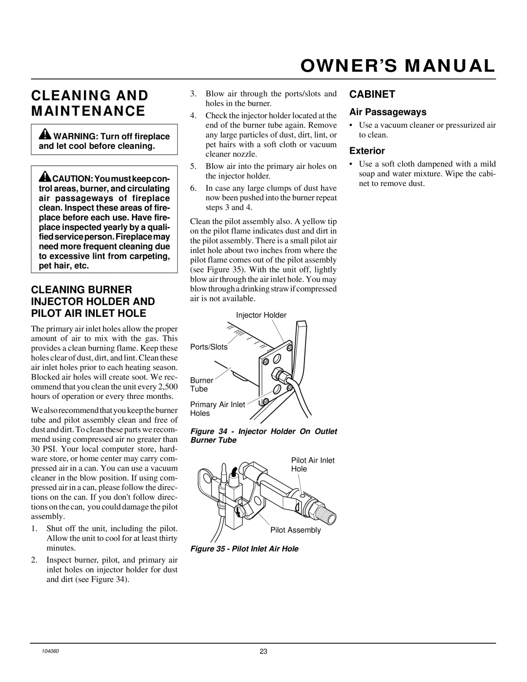 Desa VMH26TNA Cleaning and Maintenance, Cleaning Burner Injector Holder and Pilot AIR Inlet Hole, Cabinet, Air Passageways 