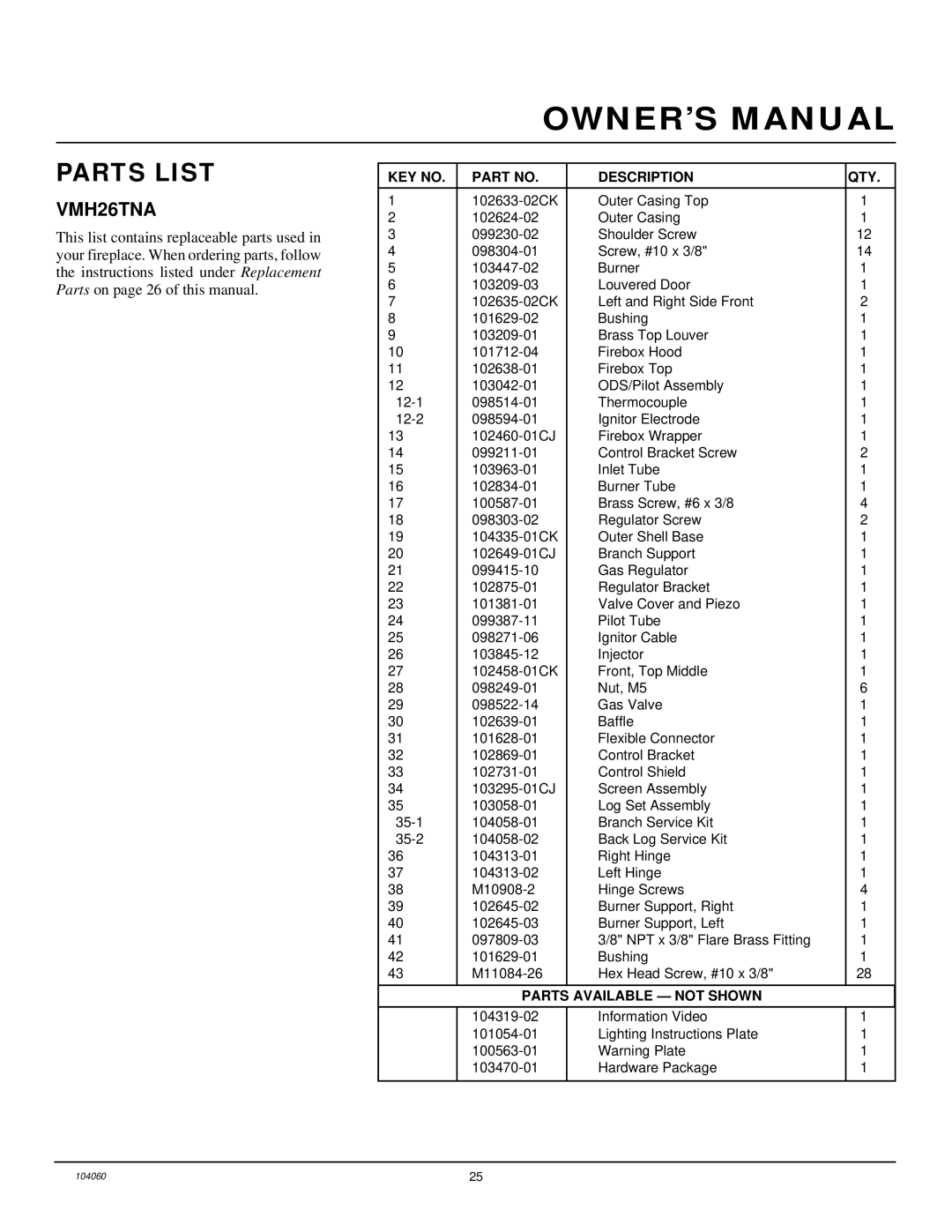 Desa VMH26TNA installation manual Parts List, Description QTY 