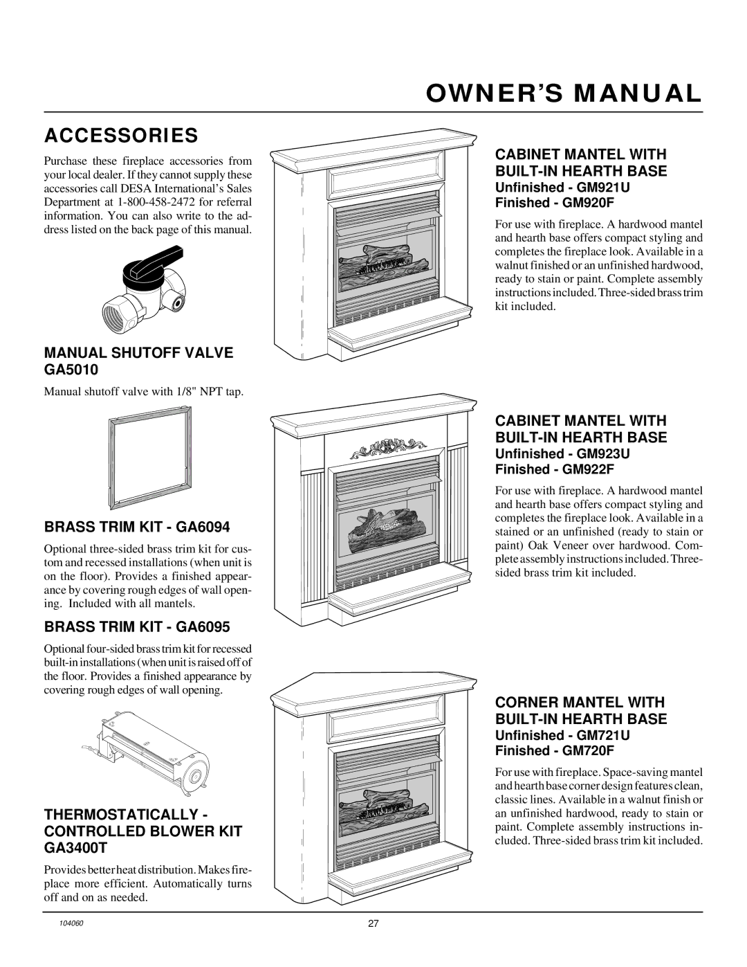 Desa VMH26TNA installation manual Accessories 