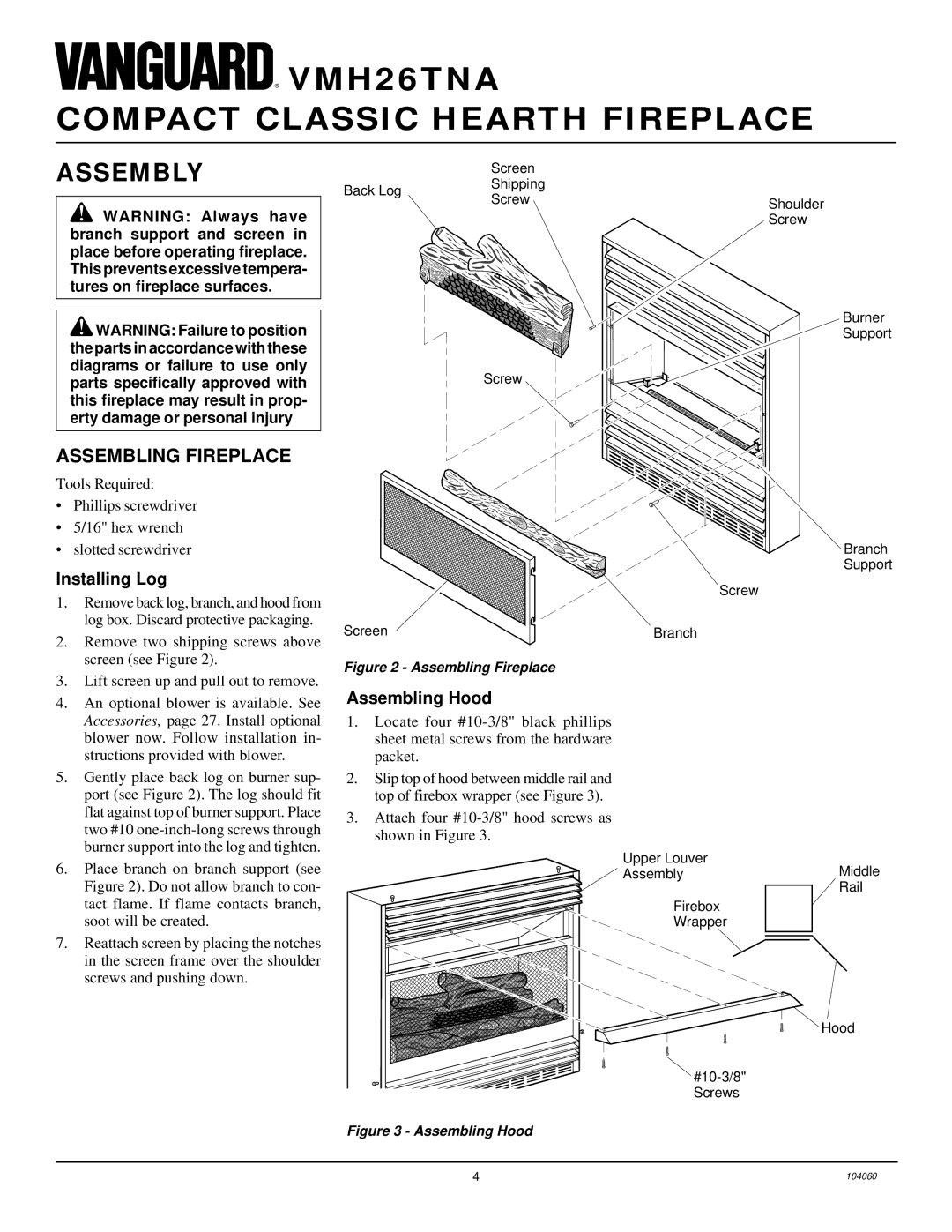 Desa VMH26TNA installation manual Assembly, Assembling Fireplace, Installing Log, Assembling Hood 