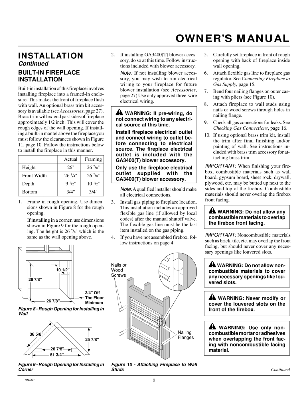 Desa VMH26TNA installation manual BUILT-IN Fireplace Installation, Rough Opening for Installing in Wall 