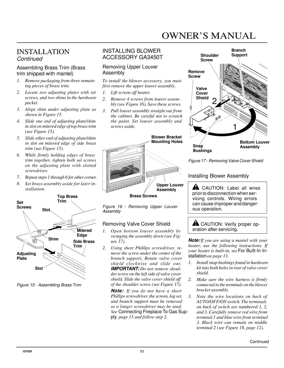 Desa VMH26TNB installation manual Installing Blower Accessory GA3450T, Assembling Brass Trim Brass trim shipped with mantel 