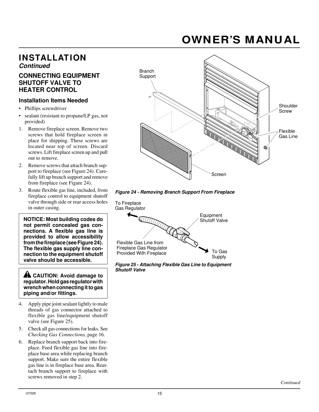 Desa VMH26TNB installation manual Connecting Equipment Shutoff Valve to Heater Control, Installation Items Needed 