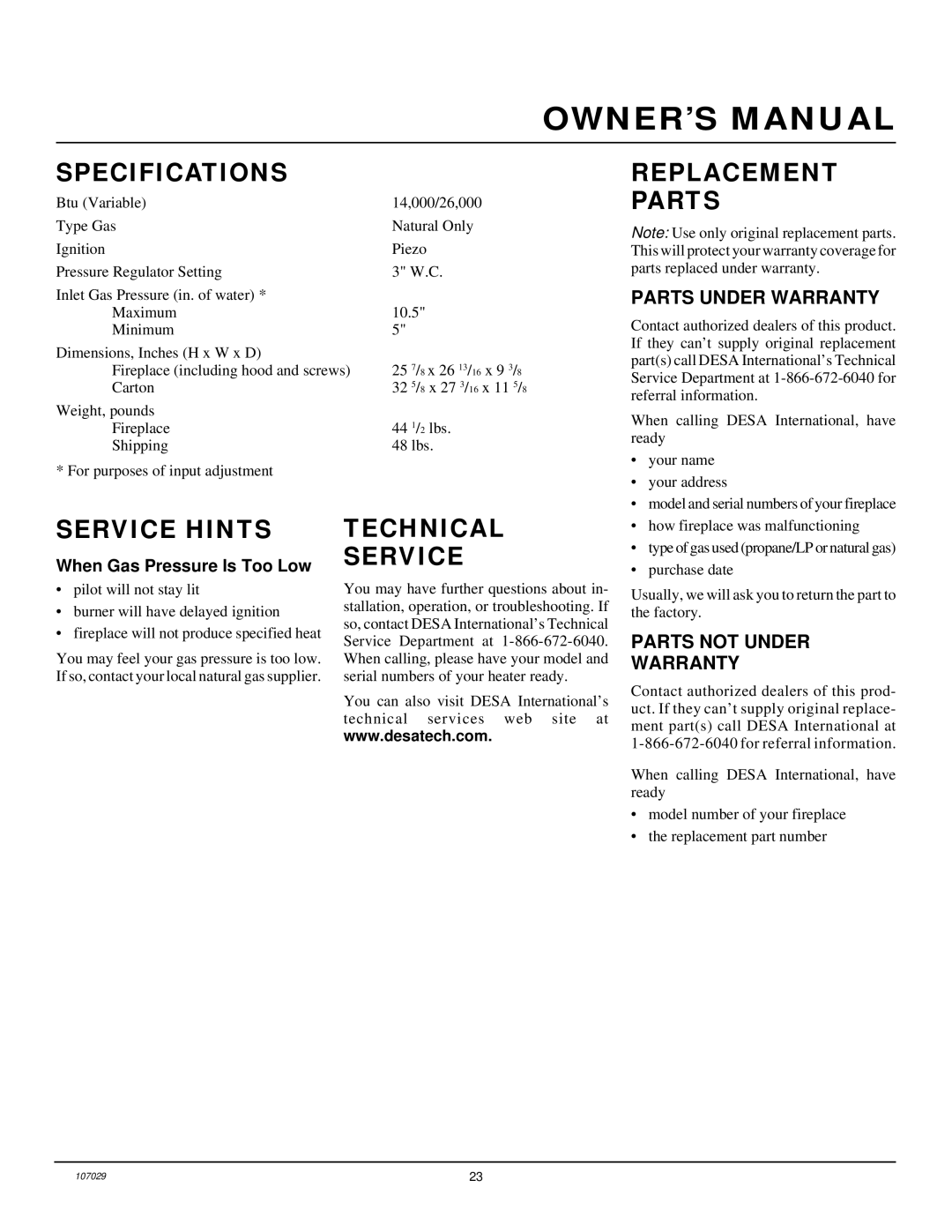 Desa VMH26TNB installation manual Specifications, Replacement Parts, Service Hints, Technical Service 