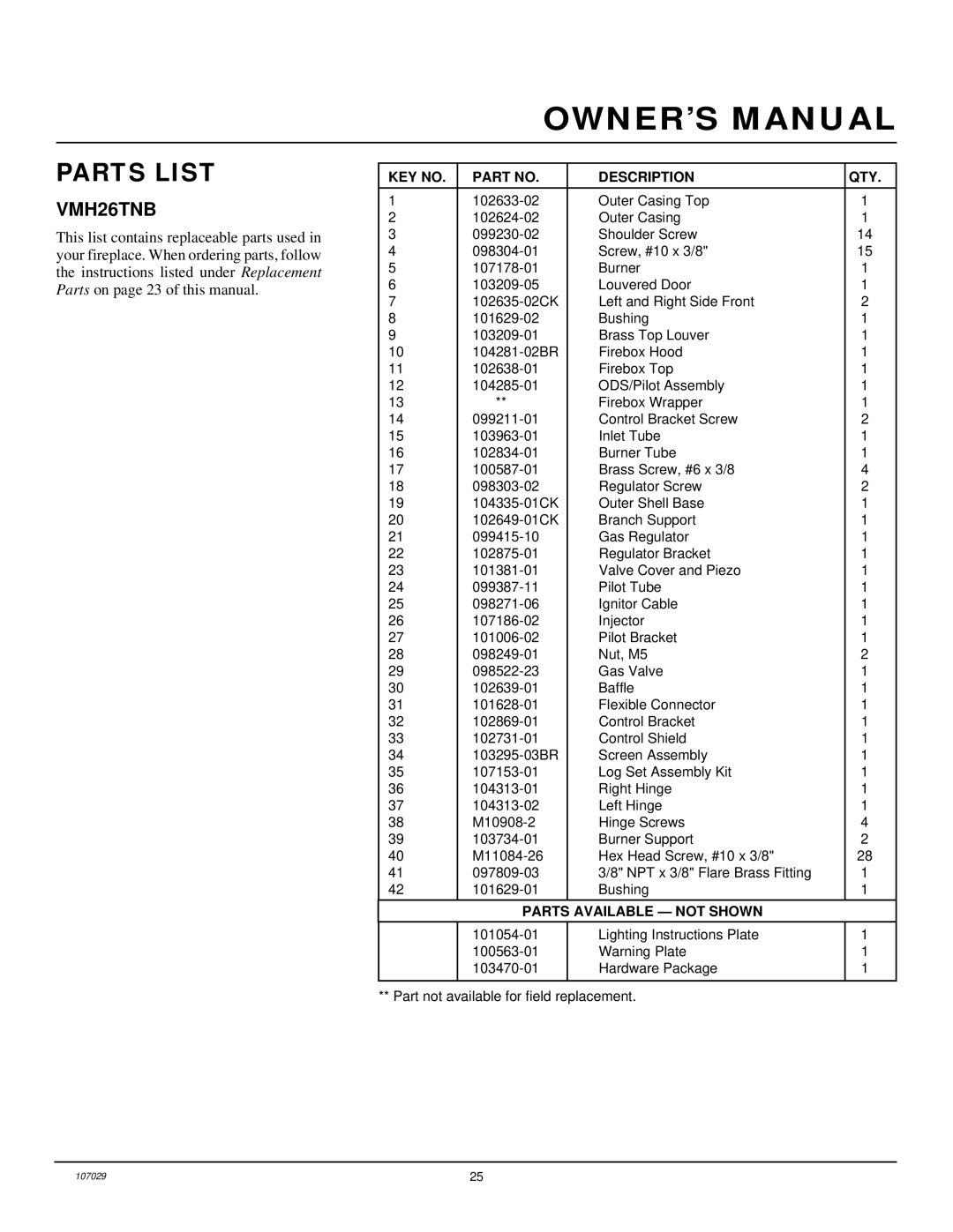 Desa VMH26TNB installation manual Parts List 