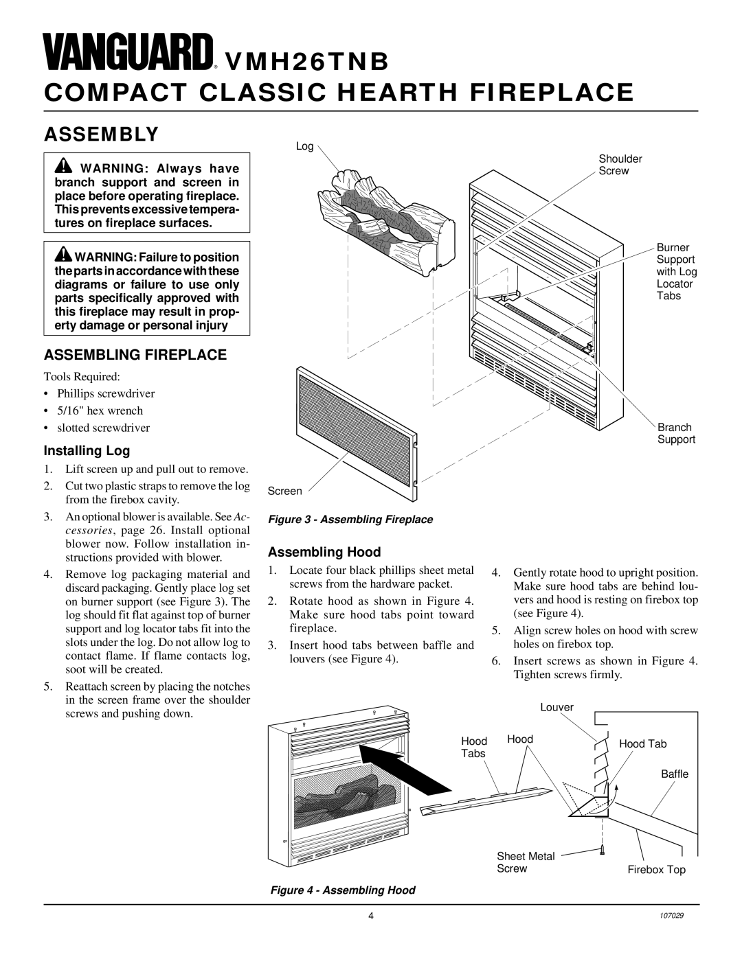 Desa VMH26TNB installation manual Assembly, Assembling Fireplace, Installing Log, Assembling Hood 